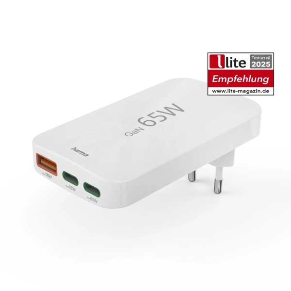 Hama Cargador de Pared - Potencia 65W - 2x USB-C - USB-A - Power Delivery - Qualcomm - Color Blanco