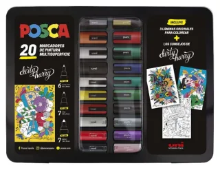 Posca Maleta Metalica con 20 Marcadores de Pintura - Surtido en Color y Trazo - Punta de Poliester - Tinta Pigmentada Base Agua - Resistente a la Luz - Incluye Laminas y Consejos de Dirty Ha