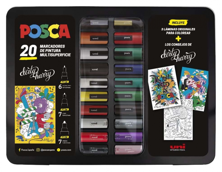 Posca Maleta Metalica con 20 Marcadores de Pintura - Surtido en Color y Trazo - Punta de Poliester - Tinta Pigmentada Base Agua - Resistente a la Luz - Incluye Laminas y Consejos de Dirty Ha