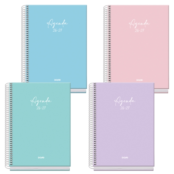 Dohe Basic Serenity Agenda Escolar 26/27 - Formato A5 - Dia Pagina - Papel Offset Ahuesado 70g - Cubierta de Carton Plastificado - Espiral - Goma - 15x21x4cm - Colores Surtidos · Pack de 20 uds.