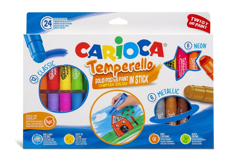 Carioca Temperello Pack de 24 Temperas Solidas - Colores Brillantes y Lavables - Gran Cobertura - Faciles de Mezclar - Sin Disolventes - Acabado Satinado - Colores Surtidos