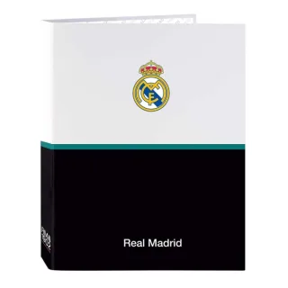 Safta Real Madrid Equipacion 26/27 Carpeta de 4 Anillas de 25mm - Formato Folio - Tapas Duras Forradas - 26.5x33x4cm - Color Blanco y Negro