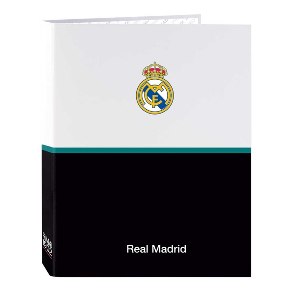 Safta Real Madrid Equipacion 26/27 Carpeta de 4 Anillas de 25mm - Formato Folio - Tapas Duras Forradas - 26.5x33x4cm - Color Blanco y Negro