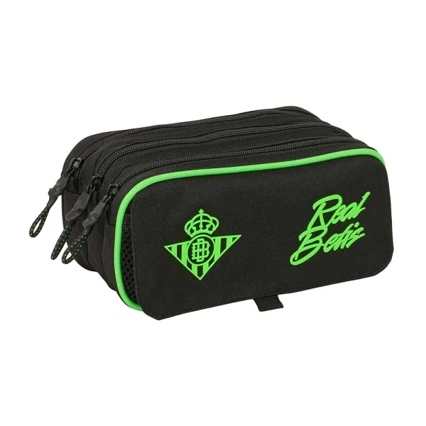 Safta Real Betis Balompie Portatodo - 3 Compartimentos con Cremallera - Cinta Trasera Adaptable - Bolsillo Frontal de Rejilla con Velcro - 21.5x10x8cm - Color Negro y Verde