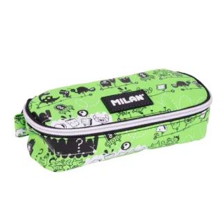 Milan Tandem 2 Estuche Portatodo - Ovalado - Cierre con Cremallera - Malla Interior - 20.5x9x5.5cm - Color Verde