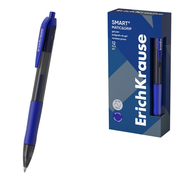 Erichkrause Smart-Gel Boligrafo Retractil - Punta de 0.5mm - Trazo de 0.4mm - Cuerpo Translucido Redondo - Tinta de Gel de Secado Rapido - Color Azul · Pack de 12 uds.