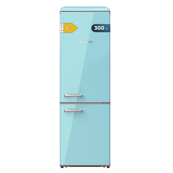 Cecotec Bolero CoolMarket Combi Origin 300 Blue E Frigorifico Combi - Capacidad 300L - Temperatura Regulable - Estilo Retro - Cajon para Carne y Pesado - Clase E - Color Turquesa