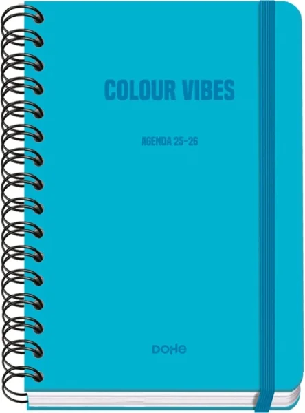 Dohe Colour Vibes Agenda Escolar 25/26 Espiral Wire’o A5 - Semana Vista - Papel 80g/m2 - 4 Hojas de Pegatinas - Cubierta de Carton Plastificado - Cierre con Goma Elastica - Color Azul Cyan