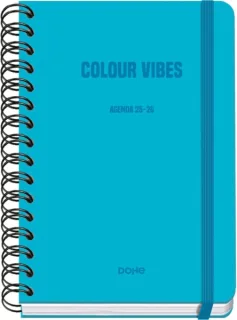 Dohe Colour Vibes Agenda Escolar 25/26 Espiral Wire’o A5 - Semana Vista - Papel 80g/m2 - 4 Hojas de Pegatinas - Cubierta de Carton Plastificado - Cierre con Goma Elastica - Color Azul Cyan