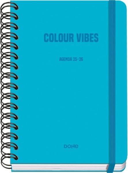 Dohe Colour Vibes Agenda Escolar 25/26 Espiral Wire’o A5 - Semana Vista - Papel 80g/m2 - 4 Hojas de Pegatinas - Cubierta de Carton Plastificado - Cierre con Goma Elastica - Color Azul Cyan