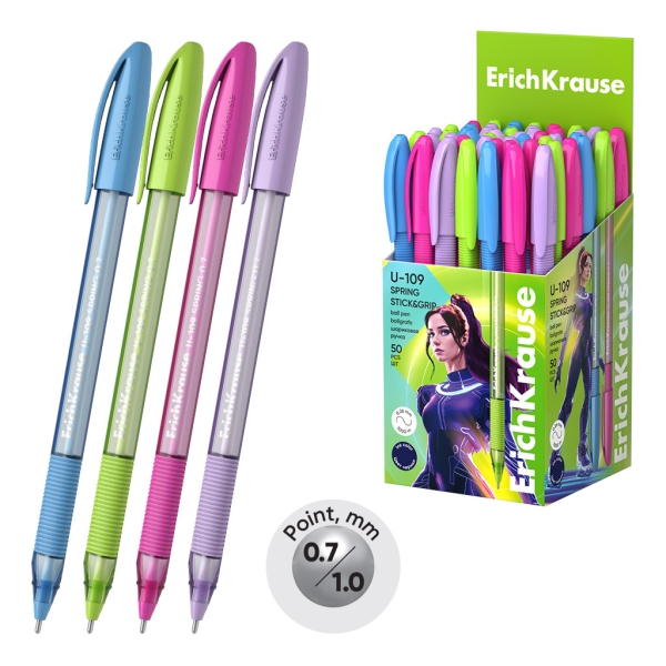 ErichKrause U-109 Stick and Grip Spring Boligrafo con Capuchon - Modelos Surtidos - Trazo 0.3mm - Zona de Agarre de Goma - Tinta de Baja Viscosidad - Tapa Ventilada - Color Azul · Pack de 50 uds.