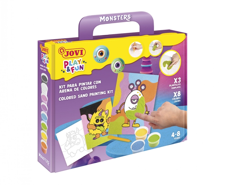 Jovi Play & Fun Kit Pinta con Arena Monsters con 8 Botes de Arena + 1 Punzon + 3 Laminas con Diseños de Monstruos - Colores Surtidos