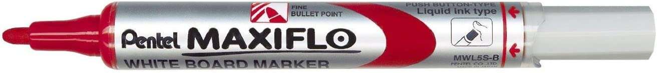 Pentel Maxiflo Rotulador para Pizarra Blanca - Regulacion del Flujo de Tinta - Punta de Bala - Ancho de Linea 2mm - 50% de Materiales Reciclados - Color Rojo · Pack de 12 uds.