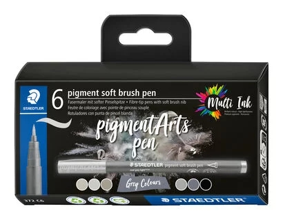 Staedtler 372 Pack de 6 Rotuladores Punta de Pincel Suave - Colores Vivos y Brillantes - No Amarillea con el Paso del Tiempo - Nueva Tinta Multi Ink - Pigmentos de Primera Calidad - Colores