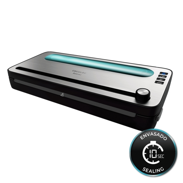 Cecotec FoodCare SealVac 120 SteelCut Envasadora al Vacio - Presion 0.75bar - 120W - Silencioso - Acero Inoxidable - Luz LED - Admite Bolsas Genericas - Funcion Vacio para Botes - Color Negr