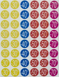 Apli Pack de 240 Etiquetas de Descuento -30%, -40%, -50%, -70% - Tamaño Ø 24mm - Forma Redonda - Colores Amarillo, Azul, Rojo y Fucsia