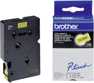Brother TC601 Cinta Laminada Original para Rotuladora - Texto Negro sobre Fondo Amarillo - Ancho 12mm x 7 metros