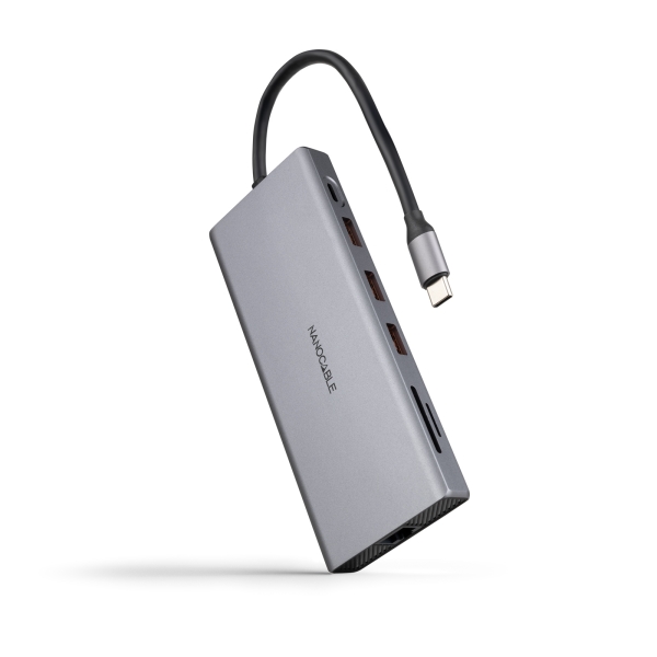 Nanocable HUB USB-C 12 en 1 - Conversor USB-C 3.1 a 3 x USB-A 3.2 + 3 x USB-C 3.2 + USB-C PD 100W + 2 x HDMI 4K@60Hz + DP 4K@60Hz + RJ45 + TF + SD + Audio Jack 3.5 - Aluminio - 18cm - Color