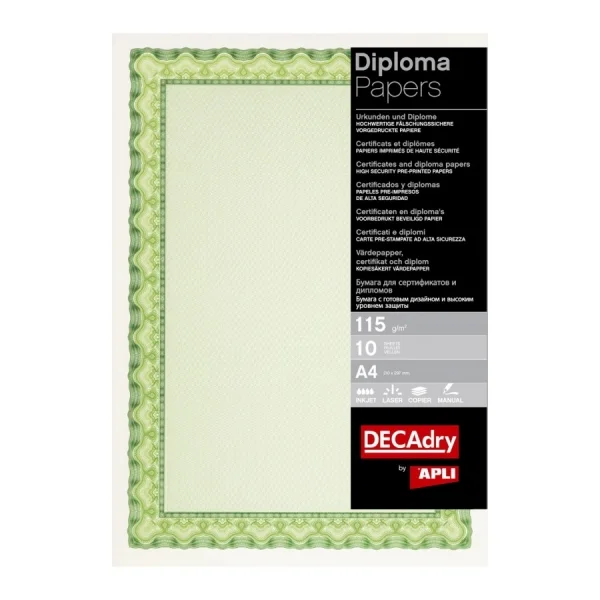 Apli Pack de 25 Hojas de Papel Certificado - Diseño de Concha - 115gr - Ideal para Certificados y Diplomas - Compatible con Impresoras Inkjet, Laser y Fotocopiadoras - Color Verde Esmeralda