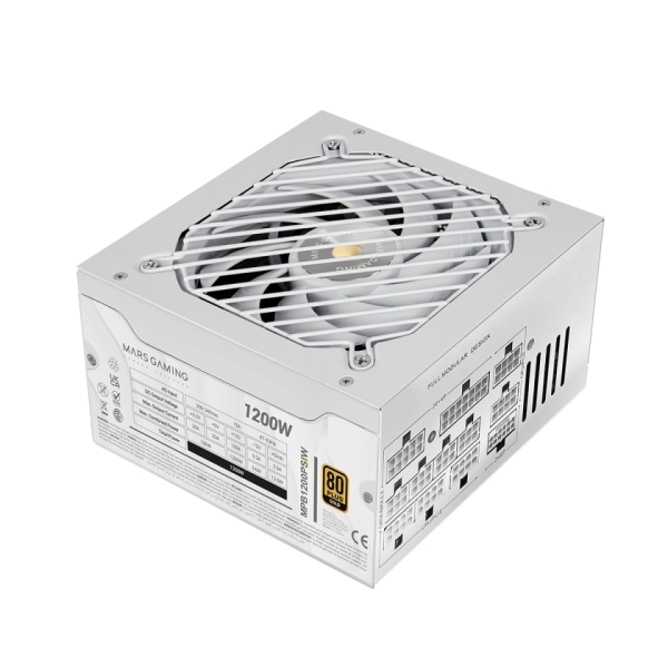 Mars Gaming MPB1200PSI Fuente de Alimentacion ATX - 1200W - Ventilador 140mm - 80 Plus Gold - Silencioso 14dB - Cableado Modular - Antivibracion - Cables Planos - 150x160x85mm - Color Blanco