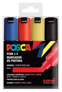 Posca PC-8K Estuche de 4 Marcadores de Pintura - Punta Biselada Acrilica 8mm - Tinta Base al Agua - No Permanente - Resistente a la Luz - Inodoro - Ideal para Carteleria y Decoracion - Color