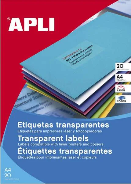 Apli Etiquetas Permanentes Translucidas 210 x 297 mm - 20 Hojas - Resistentes Intemperie