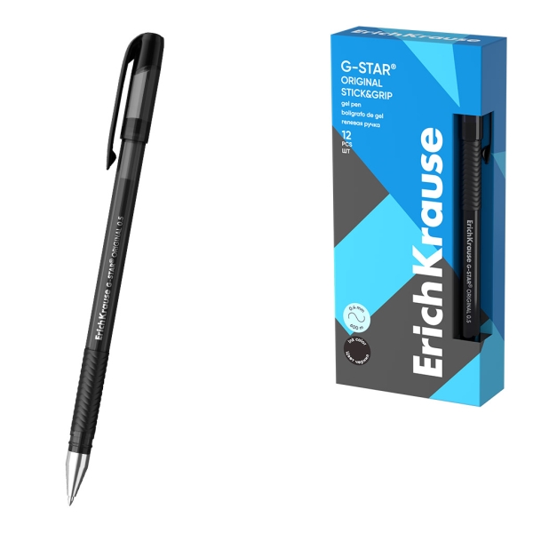 ErichKrause G-Star Stick and Grip Original Boligrafo con Capuchon - Punta de 0.5mm - Trazo 0.4mm - Tinta de Gel - Resistente al Agua - Zona de Agarre de Goma - Secado Rapido - Color Negro · Pack de 12 uds.