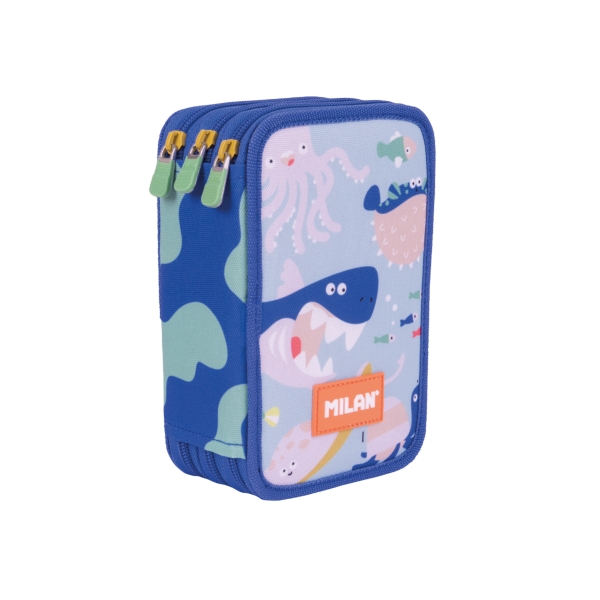 Milan Blue Odyssey Plumier de 3 Pisos con Goma de Borrar - Sacapuntas - Lapiz - 3 Boligrafos - Regla - 12 Lapices de Colores - 6 Lapices de Colores Metalizados - 5 Fluorescentes - Tijeras y