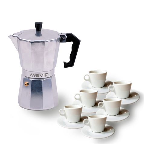 Muvip MV0601 Cafetera de Aluminio - Capacidad 6 Tazas - Mango Ergonomico - Antiadherente - Apta para Placas Electricas, Vitroceramicas y Gas - Color Aluminio