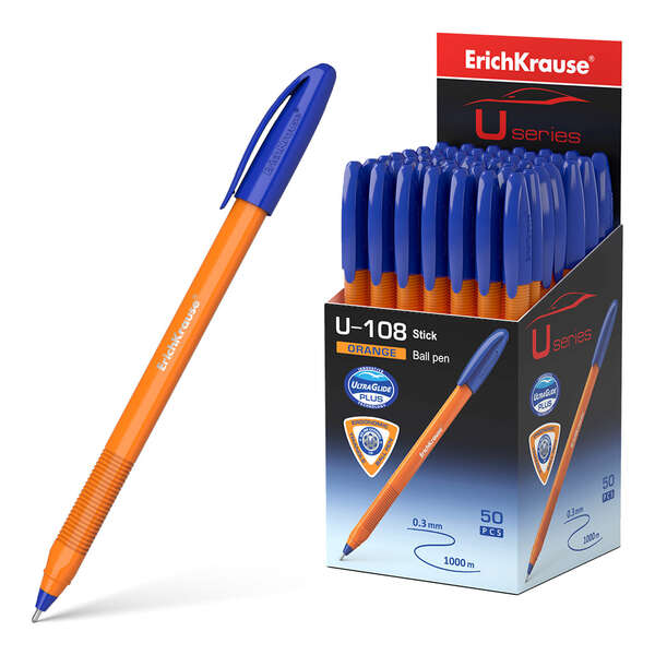Erichkrause U-108 Boligrafo Clasico Orange - Punta de Bola 0.7mm - Trazo de 0.26mm - Tapa Ventilada - Cuerpo Opaco Naranja - Ultra Glide Technology - Color Azul · Pack de 50 uds.