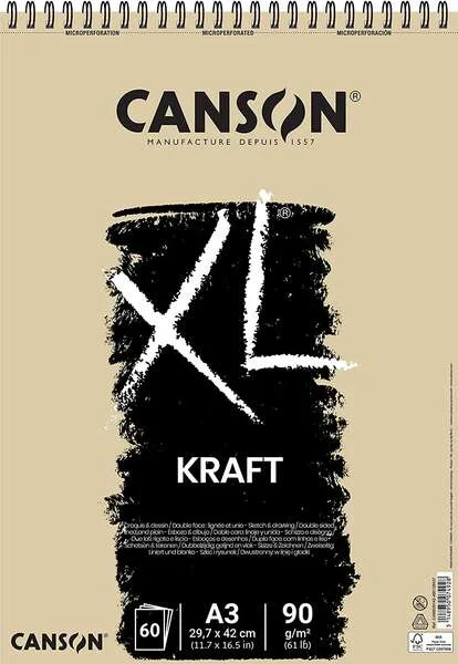 Canson XL Kraft Rayado Bloc de Dibujo con 60 Hojas A3 - Espiral Microperforado - 29.7x42cm - 90g - Color Beige