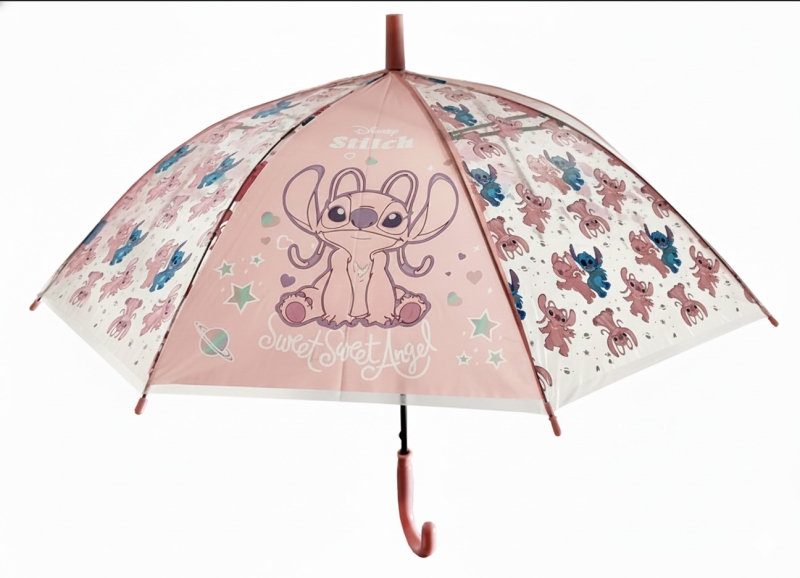 Safta Stitch Ohana Paraguas Automatico de 76cm - 8 Paneles - Asa y Punta de PVC - POE - Nervios de Acero de 8mm - Color Rosa Pastel