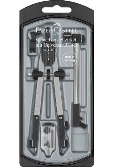 Faber-Castell Compas de Ajuste Rapido con Alargadera - Articulaciones en ambos Brazos - Accesorios de Recambio - Adaptador Universal