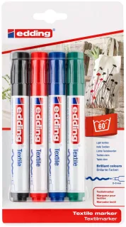 Edding 4500 Pack de 4 Rotuladores Permanentes para Textil - Punta Redonda - Trazo 2-3mm - Olor Neutro - Secado Rapido - Colores Negro, Verde, Rojo y Azul