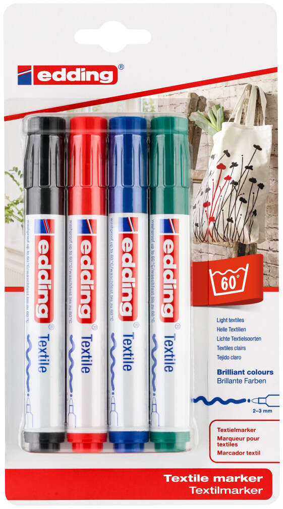 Edding 4500 Pack de 4 Rotuladores Permanentes para Textil - Punta Redonda - Trazo 2-3mm - Olor Neutro - Secado Rapido - Colores Negro, Verde, Rojo y Azul
