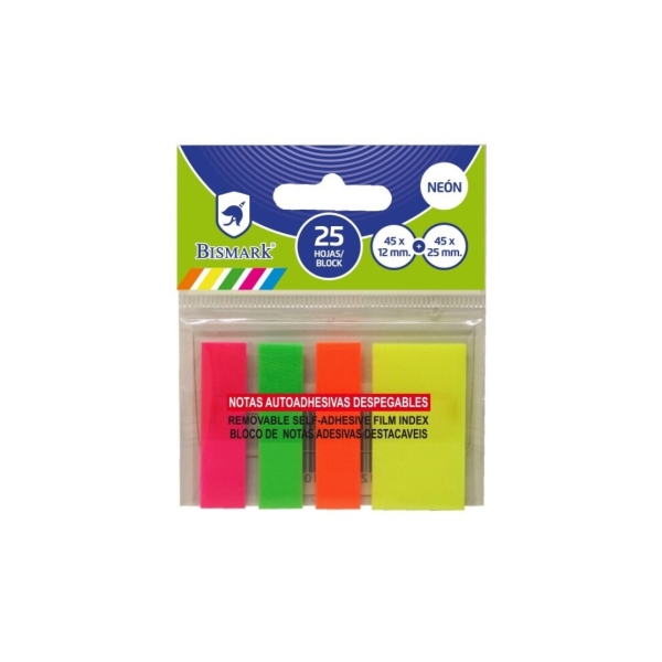 Bismark Pack de 100 Indices Adhesivos 3x 45mm x 12mm y 1x 45mm x 24mm - Colores Neon Surtidos