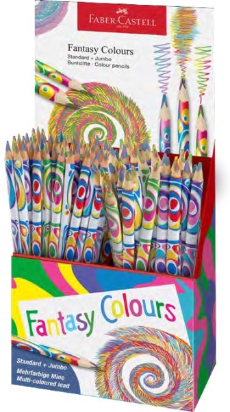 Faber-Castell Fantasia Expositor con 84 Lapices con Mina Multicolor - Modelos Standard y Jumbo - Cuerpo Triangular Decorado - Madera de Bosques Sostenibles