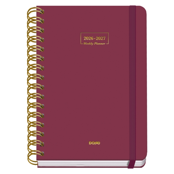 Dohe Premium Agenda Escolar 26/27 - Formato A5 - Semana Vista - Papel Offset Ahuesado 80g - Cubierta de Carton Plastificado - Espiral Metalica Doble - Goma - 15x21x2cm - Color Burdeos