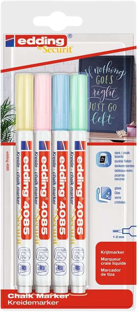 Edding 4085 Pastel Pack de 4 Rotuladores de Tiza Liquida - Punta Redonda - Trazo 1-3mm - Olor Neutro - Colores Azul, Verde, Amarillo y Rosa Pastel