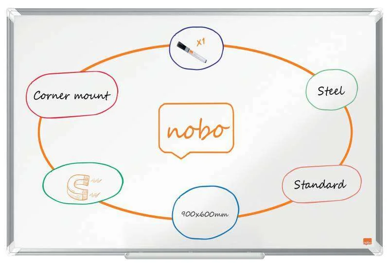 Nobo Premium Plus Pizarra Magnetica de Acero Lacado 900x600mm - Montaje en Esquinas - Superficie de Borrado Facil - Color Blanco