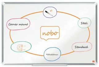 Nobo Premium Plus Pizarra Magnetica de Acero Lacado 900x600mm - Montaje en Esquinas - Superficie de Borrado Facil - Color Blanco