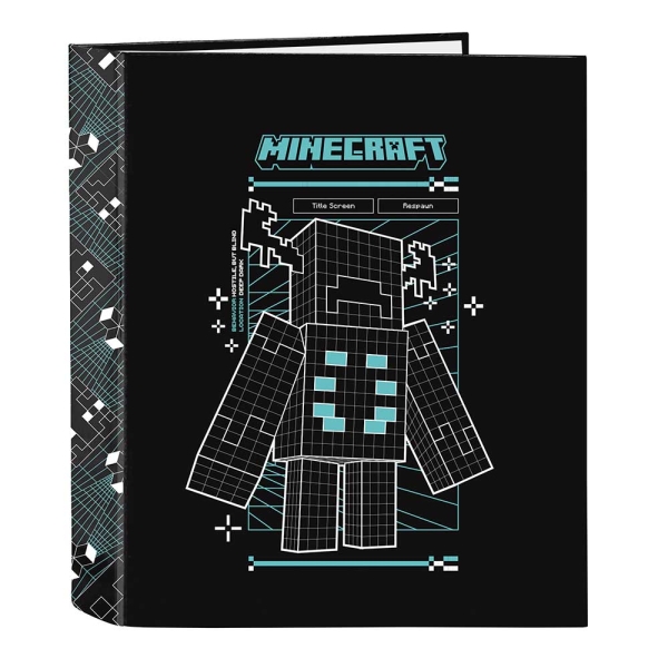 Safta Minecraft Screen Carpeta de 4 Anillas de 40mm - Formato Folio - Tapas Duras Forradas - Lomo Ancho - 27x33x6cm - Color Negro