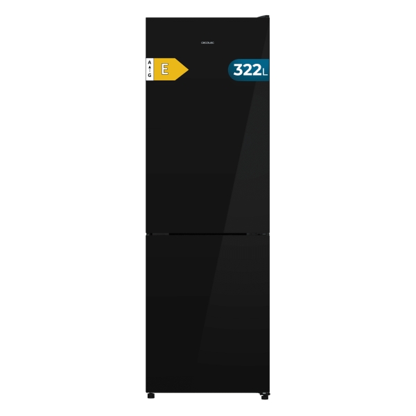 Cecotec Bolero CoolMarket Combi 322i Black Glass E Frigorifico Combi - 322L - Luz LED - Total Nofrost - Puerta de Cristal - Frio Envolvente - Cajon Humedad Regulable - 59.5x185.5cm - Color Negro