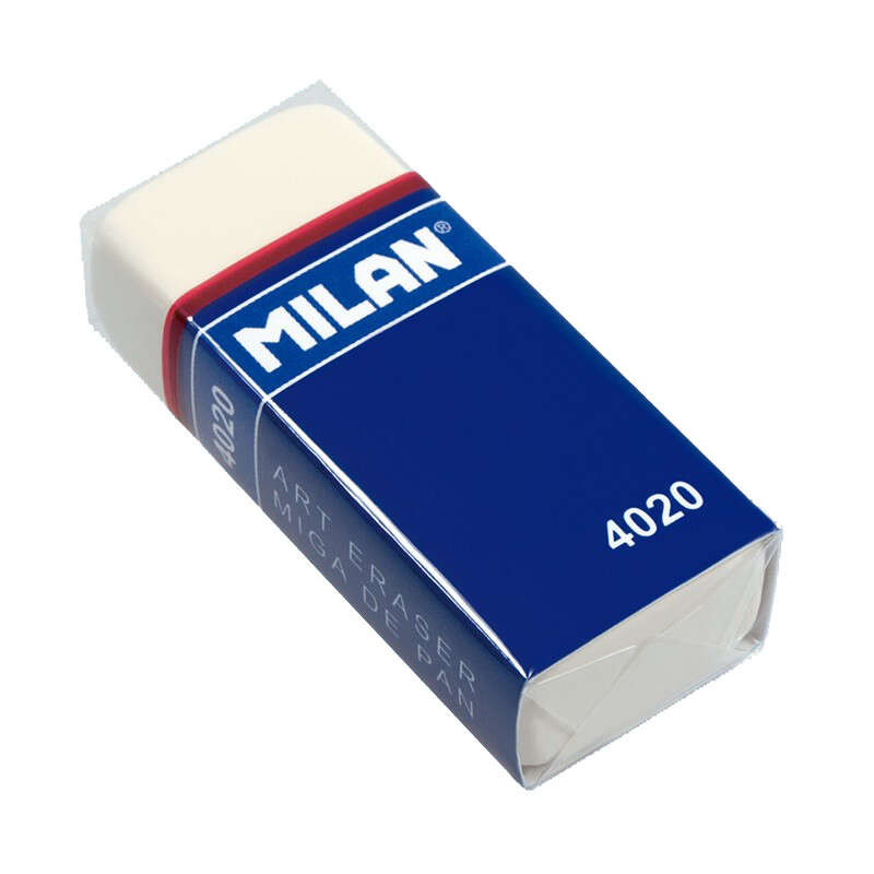 Milan 4020 Goma de Borrar Rectangular - Miga de Pan - Suave Caucho Sintetico - Faja de Carton Azul - Envuelta Individualmente - Color Blanco · Pack de 20 uds.