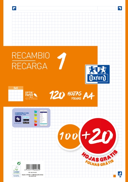 Oxford School Recambio A4 120 Hojas Cuadricula 5x5mm - 4 Taladros - Banda de Color Naranja