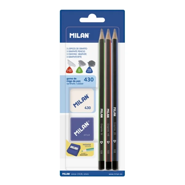 Milan Pack de 3 Lapices + Sacapuntas + Goma de Borrar - Triangulares - Durezas Surtidas - Colores Surtidos