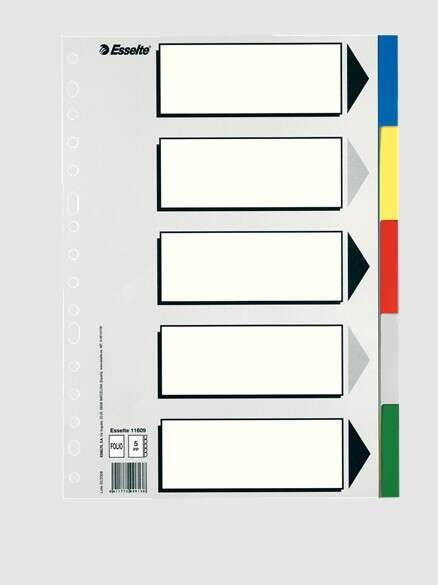 Esselte 613 Bolsa de 5 Separadores de Plastico - 5 Pestañas / 5 Colores - Multitaladro - Formato Folio