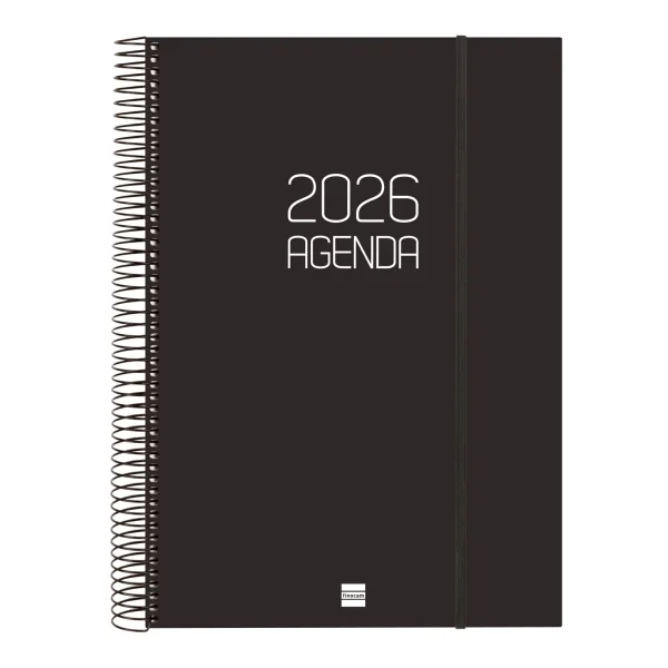 Finocam Opaque Agenda de Espiral en Catalan - Anual 2026 - Tapa Ligera - Cierre con Goma Elastica - Formato E40 - 230x29x297mm - 1 Dia por Pagina - Color Negro