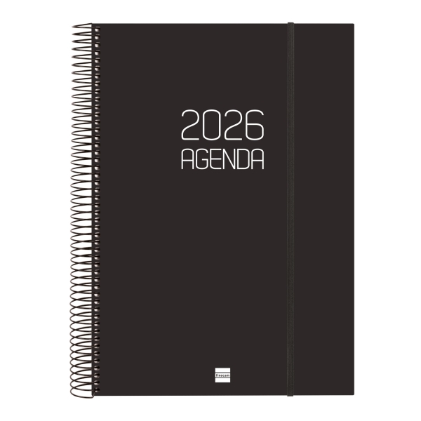 Finocam Opaque Agenda de Espiral en Catalan - Anual 2026 - Tapa Ligera - Cierre con Goma Elastica - Formato E40 - 230x29x297mm - 1 Dia por Pagina - Color Negro