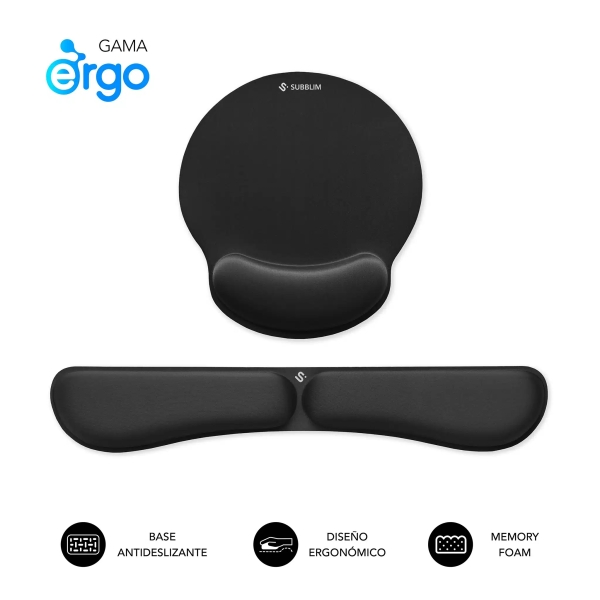 Subblim Pack Ergo MemoryFlex Alfombrilla Ergonomica para Raton y Reposamuñecas Teclado - Espuma Elastica - Microtexturizada Impermeable - Base Antideslizante - Color Negro